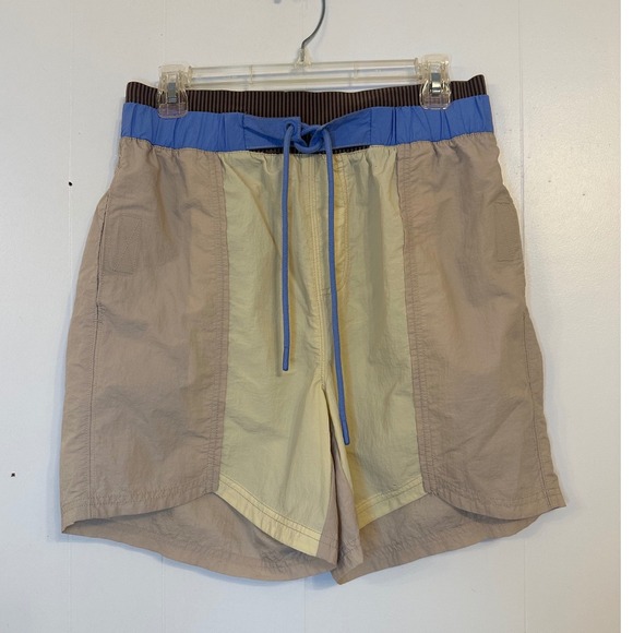 Free People Movement Colorblock Shorts Blue Brown Tan Pockets Drawstring M - Picture 2 of 9
